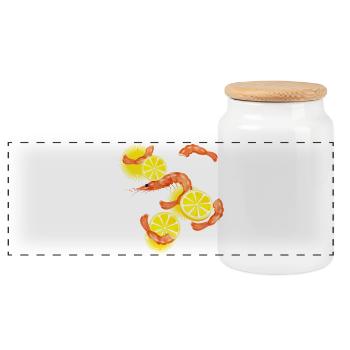 Garnelen oder Shrimps mit Zitronen Scheiben - Panorama Keksdose mit Holzdeckel - Weiß - Vorne