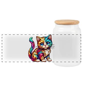 Cat - Panoramic Cookie Jar with Wooden Lid - white - Front