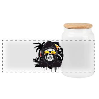 Skull,Skull,Skull with sunglasses on the beach - Panoramic Cookie Jar with Wooden Lid - white - Front