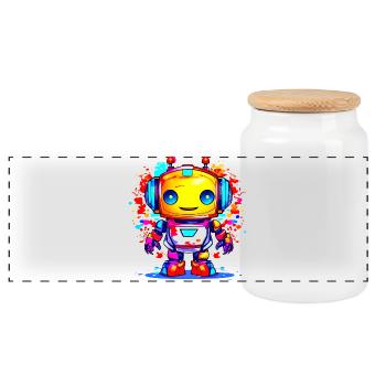 A Cute Robot - Panoramic Cookie Jar with Wooden Lid - white - Front