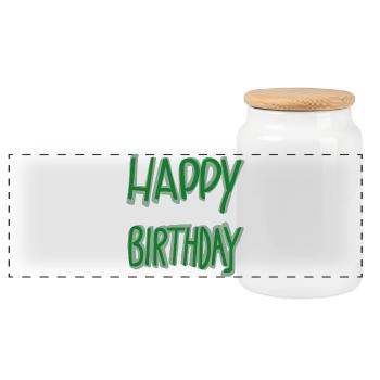 Green Happy Birthday Lettering - Panoramic Cookie Jar with Wooden Lid - white - Front