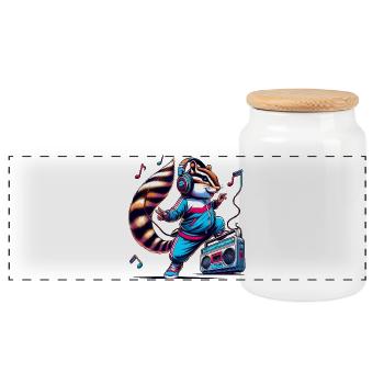 Cheerful chipmunk with headphones - Panoramic Cookie Jar with Wooden Lid - white - Front