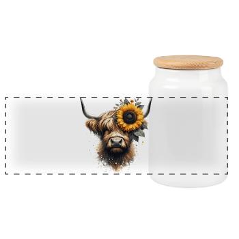 Hochlandrind mit Sonnenblume - Berührung der Natur - Panorama Keksdose mit Holzdeckel - Weiß - Vorne