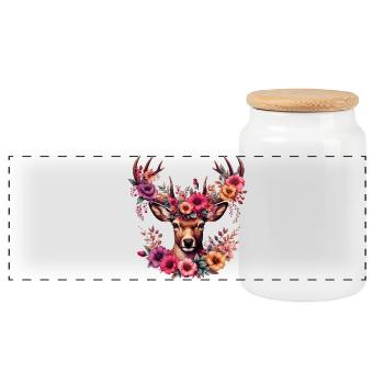 Hirsch mit Blumen - Panorama Keksdose mit Holzdeckel - Weiß - Vorne