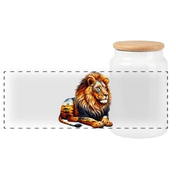 Lion - Panoramic Cookie Jar with Wooden Lid - white - Front