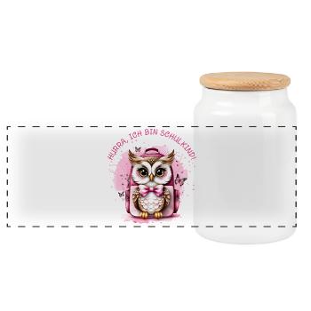 Owl satchel pink - Hooray I'm a schoolchild - Panoramic Cookie Jar with Wooden Lid - white - Front