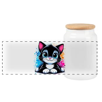 Cat - Panoramic Cookie Jar with Wooden Lid - white - Front