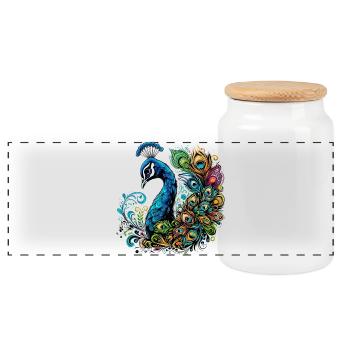 Peacock - Panoramic Cookie Jar with Wooden Lid - white - Front