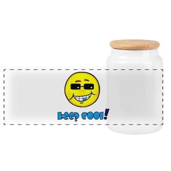 Keep cool - Émoticône amusante avec des lunettes de soleil - Boîte à biscuits avec couvercle en bois - blanc - Devant