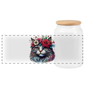 Chat avec des fleurs - Boîte à biscuits avec couvercle en bois - blanc - Devant