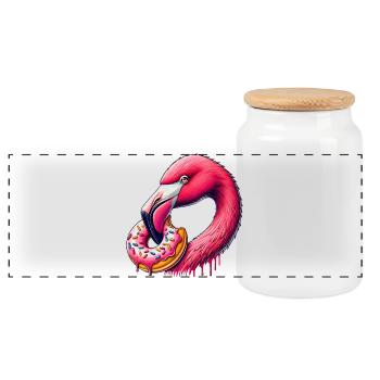 funny feast for the eyes - flamingo with donut - Panoramic Cookie Jar with Wooden Lid - white - Front
