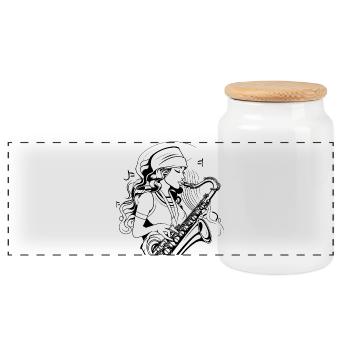 Saxophonist Drawing - Panoramic Cookie Jar with Wooden Lid - white - Front
