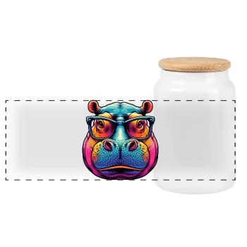Hippopotamus with Glasses - Panoramic Cookie Jar with Wooden Lid - white - Front