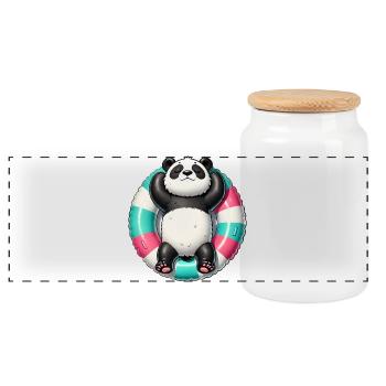 A relaxed panda on a swimming ring - Panoramic Cookie Jar with Wooden Lid - white - Front