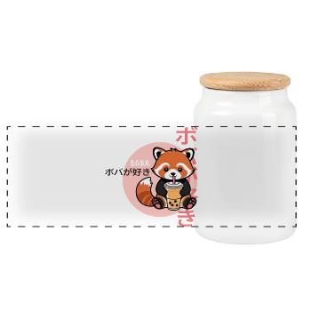 Red Panda Loves Bubble Tea – Kawaii Boba Design - Panoramic Cookie Jar with Wooden Lid - white - Front