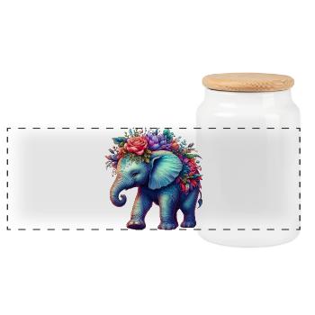 Elephant with Flowers - Panoramic Cookie Jar with Wooden Lid - white - Front