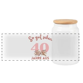 So gut sehen 40 Jahre aus! Boho, personalisierbar - Panorama Keksdose mit Holzdeckel - Weiß - Vorne