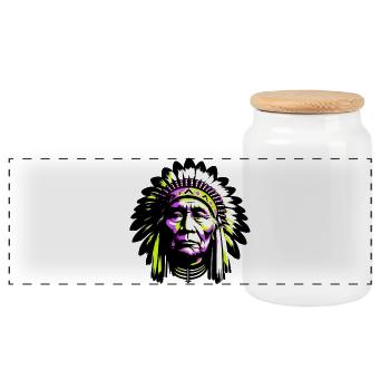 American Indian American - Panoramic Cookie Jar with Wooden Lid - white - Front