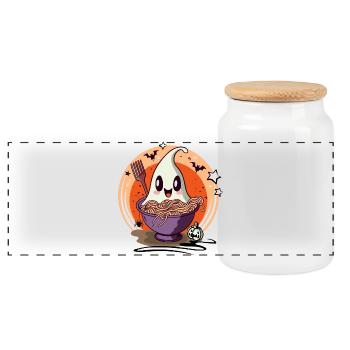 Ramen Geist - Kawaii Halloween Food Design - Panorama Keksdose mit Holzdeckel - Weiß - Vorne