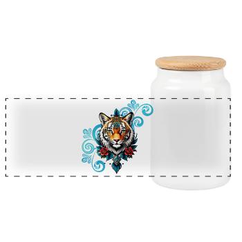 Tiger mit Blumenschmuck. - Panorama Keksdose mit Holzdeckel - Weiß - Vorne