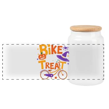Halloween-Fahrrad oder Leckerli-Illustration - Panorama Keksdose mit Holzdeckel - Weiß - Vorne