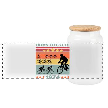 Leidenschaft für den Radsport Born to Cycle 1974 - Panorama Keksdose mit Holzdeckel - Weiß - Vorne