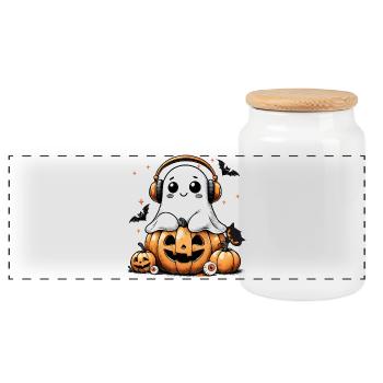 cool ghost with headphones and halloween pumpkin - Panoramic Cookie Jar with Wooden Lid - white - Front