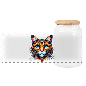 Cat - Panoramic Cookie Jar with Wooden Lid - white - Front