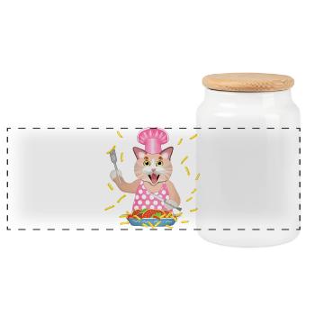 greedy cat - Panoramic Cookie Jar with Wooden Lid - white - Front