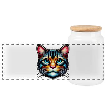 Cat - Panoramic Cookie Jar with Wooden Lid - white - Front