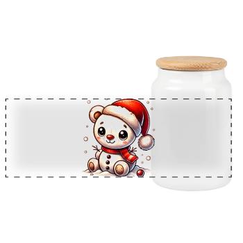 Snowman Bear with Hat - Cute Winter Motif - Panoramic Cookie Jar with Wooden Lid - white - Front