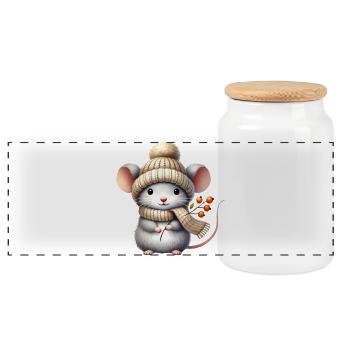 Adorable mouse with a warm knitted hat - Panoramic Cookie Jar with Wooden Lid - white - Front