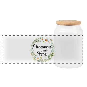 Hebamme mit Herz - personalisierbares Design - Panorama Keksdose mit Holzdeckel - Weiß - Vorne