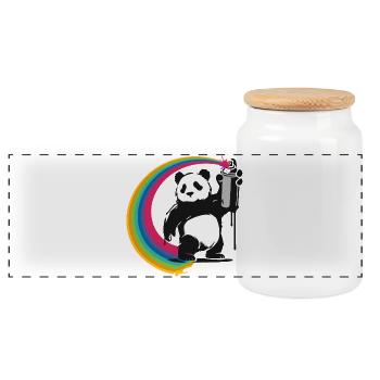 Stencil style panda holding a spray can - Panoramic Cookie Jar with Wooden Lid - white - Front