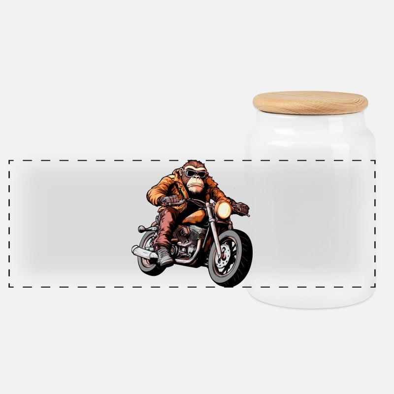 Affen Motorradfahrer / Motorrad Affe - Panorama Keksdose mit Holzdeckel - Weiß