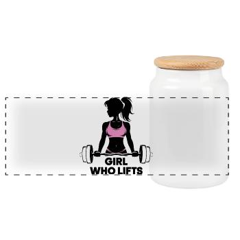 Bodybuilder Gym Girl Barbell Power Beauty - Panoramic Cookie Jar with Wooden Lid - white - Front