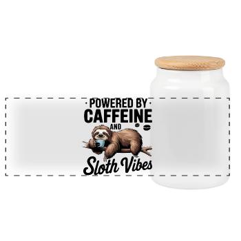 Powered by Caffeine and Sloth Vibes - Panoramic Cookie Jar with Wooden Lid - white - Front