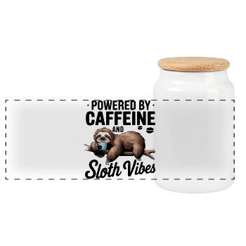 Powered by Caffeine and Sloth Vibes - Panoramic Cookie Jar with Wooden Lid - white - Front