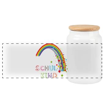 Schulkind Regenbogen - Panorama Keksdose mit Holzdeckel - Weiß - Vorne
