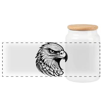 Detailed eagle head design in black and white - Panoramic Cookie Jar with Wooden Lid - white - Front