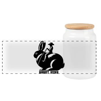 Rabbit Rider (text - no outline, 3-Color) - Panoramic Cookie Jar with Wooden Lid - white - Front