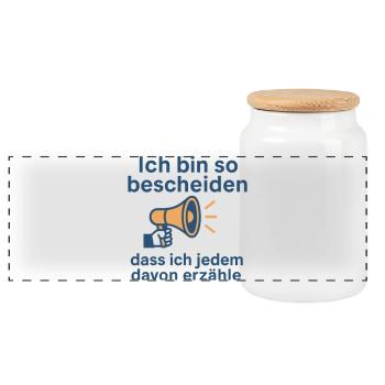 Ich bin so bescheiden - Panorama Keksdose mit Holzdeckel - Weiß - Vorne