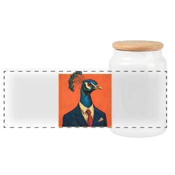 Eleganter Pfau im Anzug – Stilvolles Vogel-Design - Panorama Keksdose mit Holzdeckel - Weiß - Vorne
