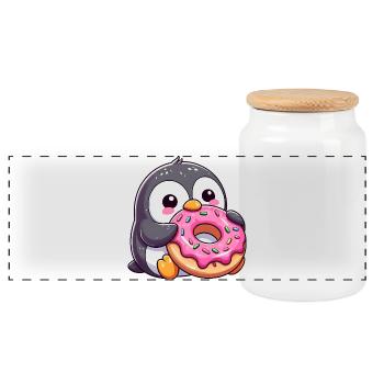 Cute penguin with donut in snowy cartoon - Panoramic Cookie Jar with Wooden Lid - white - Front