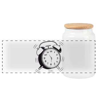 Klingelnder Wecker – Zeitmotiv mit Retro-Charme - Panorama Keksdose mit Holzdeckel - Weiß - Vorne