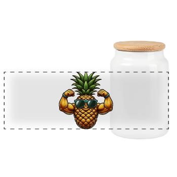 Cool cartoon pineapple with sunglasses - Panoramic Cookie Jar with Wooden Lid - white - Front