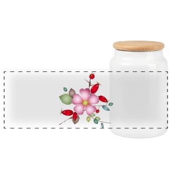 Rose hips and dog rose blossom – nature motif - Panoramic Cookie Jar with Wooden Lid - white - Front