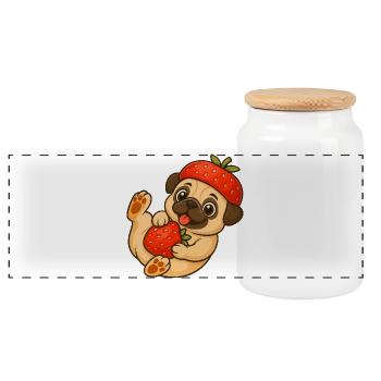 Carlin mignon avec des fraises dans le style de dessin animé drôle - Boîte à biscuits avec couvercle en bois - blanc - Devant