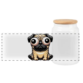 Dessin animé carlin drôle avec de grands yeux écarquillés - Boîte à biscuits avec couvercle en bois - blanc - Devant