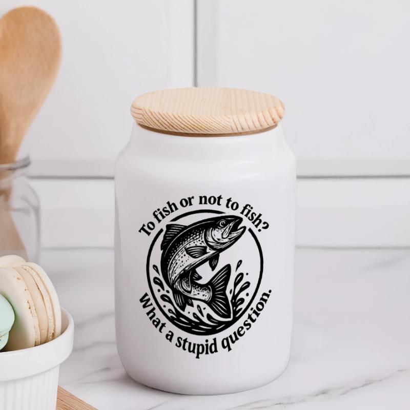 Fish Source Question Motive Panoramic Cookie Jar with Wooden Lid